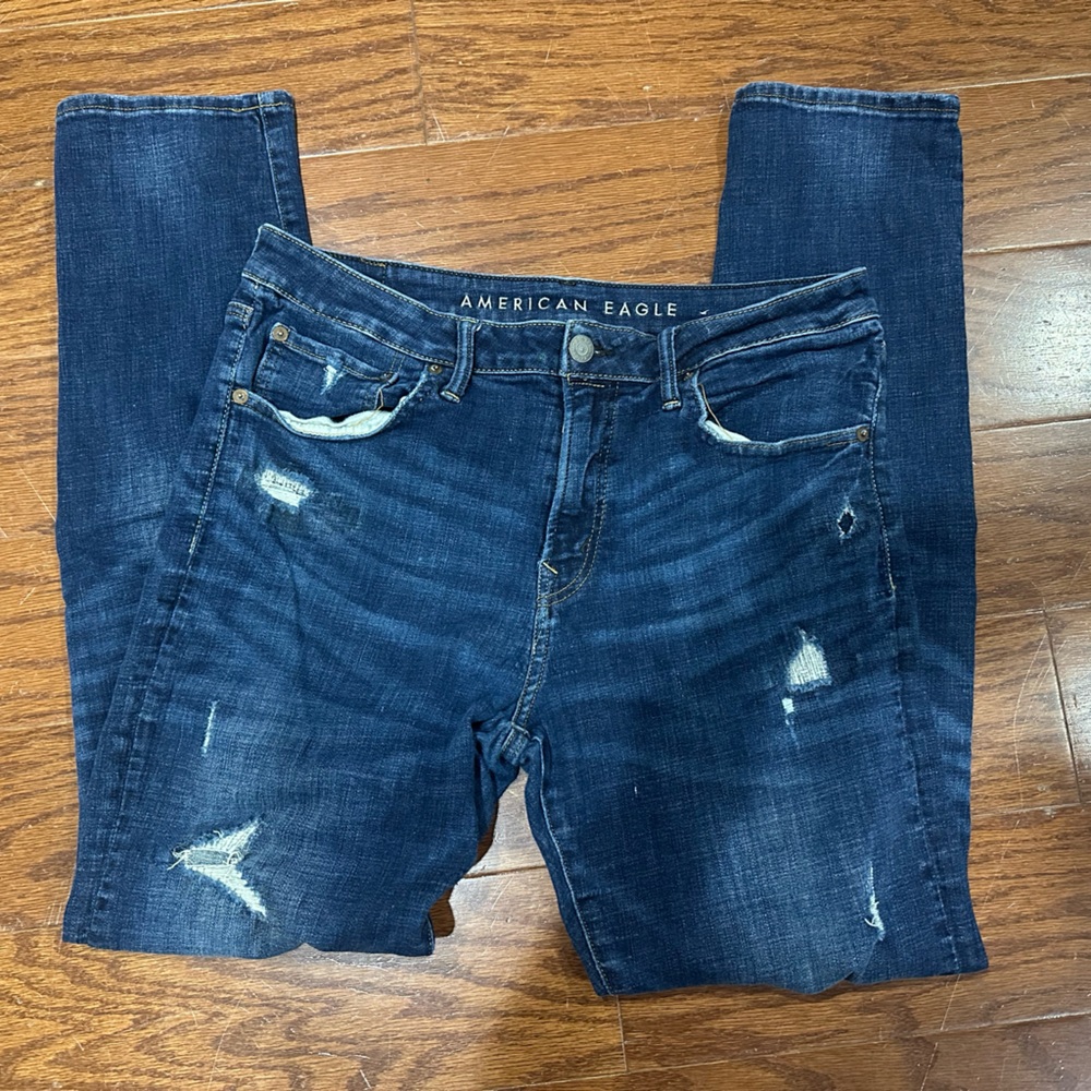 American Eagle Outfitters Men's Dark Blue Distressed Jeans - Picture 2 of 4